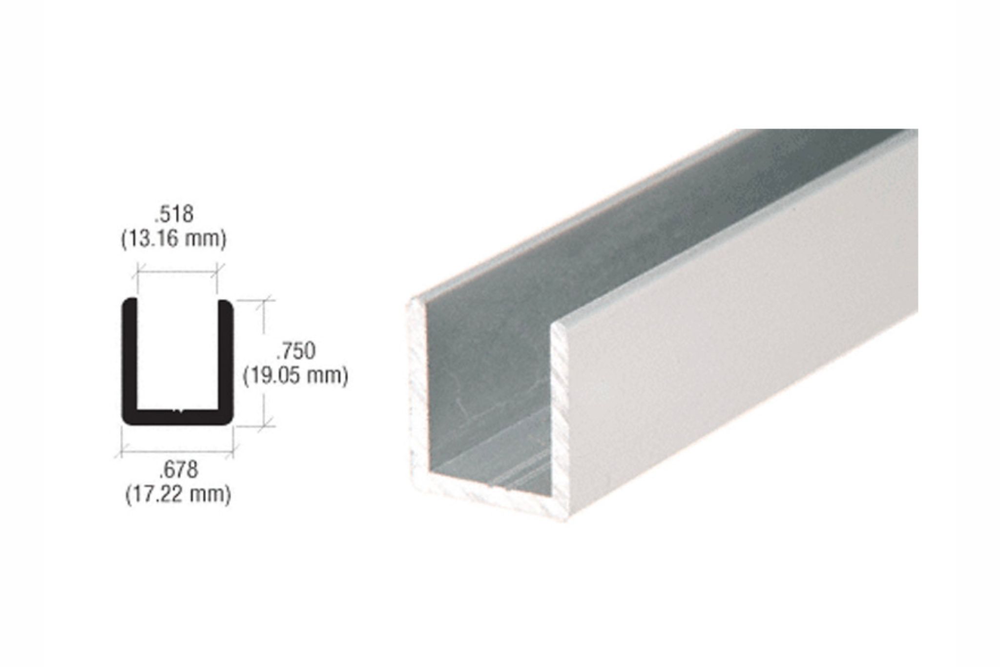 Aluminium Deep U Channel - Length 3.65m | Glass Thickness 12mm | 19mm x 17.2mm