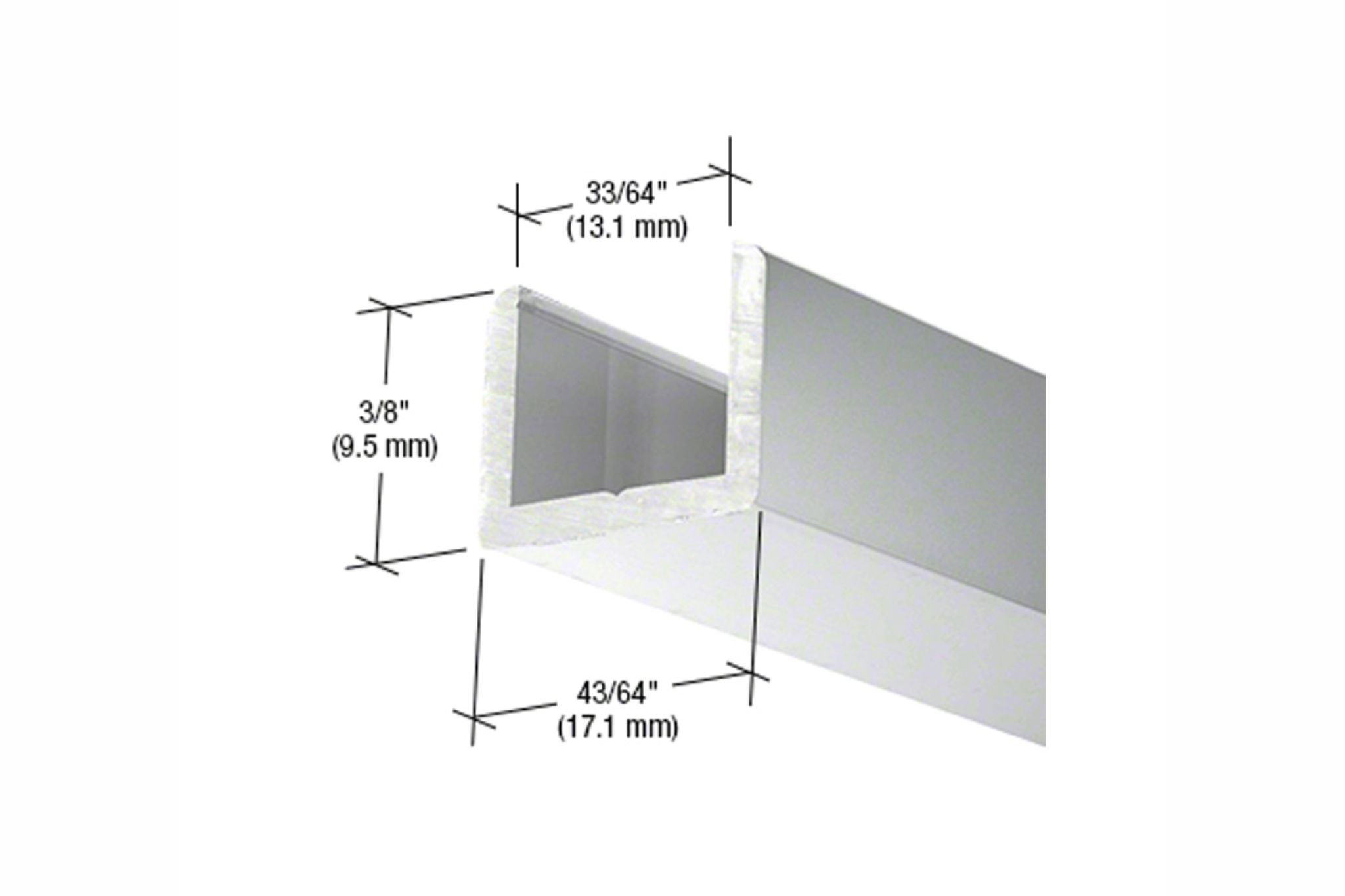Aluminium U Channel - Length 2.49m | Glass Thickness 12mm | 9.5mm x 17.2mm